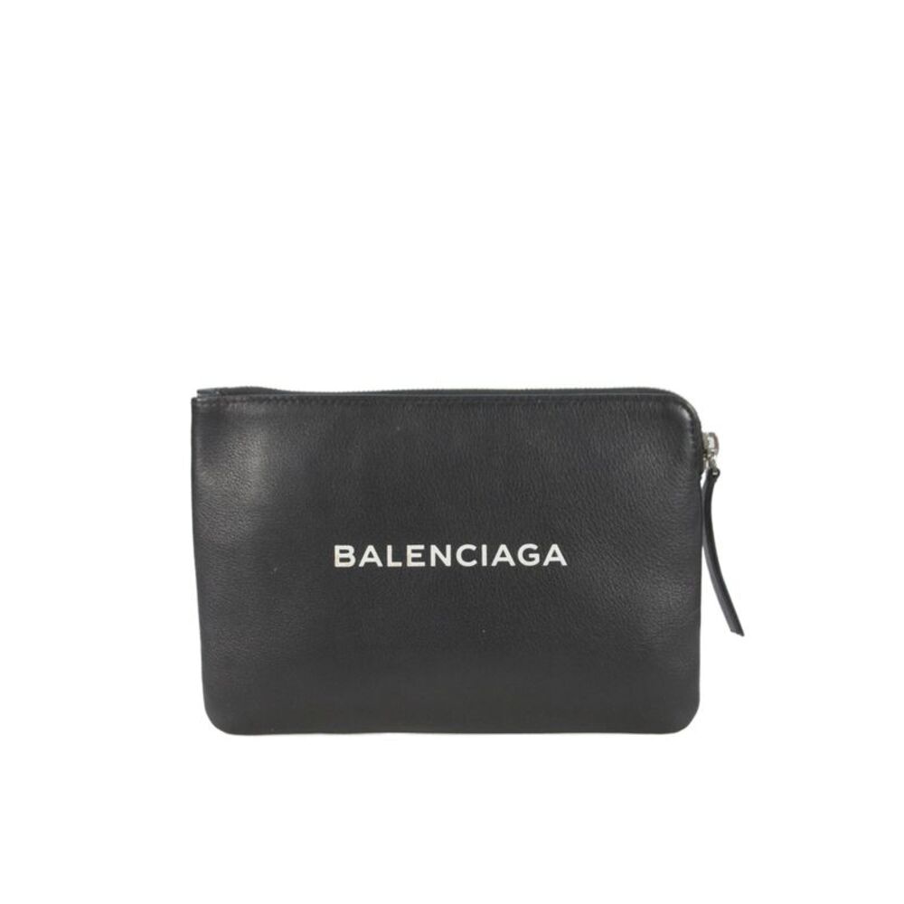 Balenciaga Womens Leather Everyday Zip Pouch Clutch Handbag Black